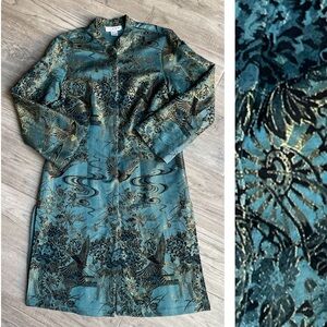 Vintage Citron Long Robe Jacket Silk Brocade Teal/Black/Gold Snap Front SZ M